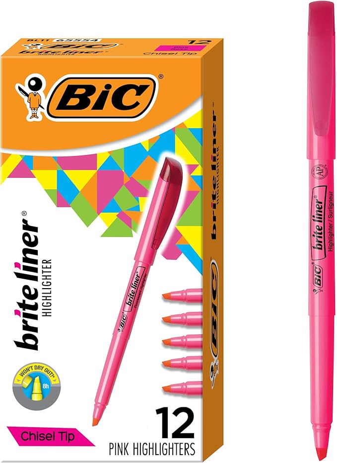 BIC Brite Liner Highlighters, Chisel Tip, 12-Count Pack of Pink Highlighters, Ideal Highlighter Set for Organizing and Coloring