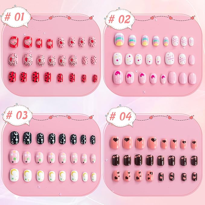 krofaue Press on Nails for Kids - 96pcs 4 Pack Children Fake Nails Kids Girls Stick on Nails for Kids Full Cover Cute Pre-Glue Acrylic Fake Fingernails Kits Sets Little Girls Short Nail Decoration