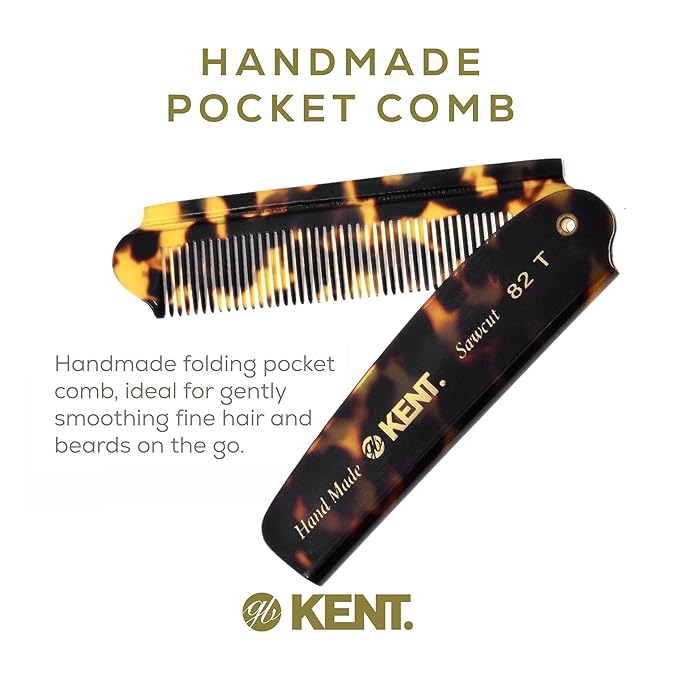 Kent 82T Handmade Folding Pocket Comb for Men, Fine Tooth Hair Comb Straightener for Everyday Grooming Styling Hair, Beard or Mustache, Use Dry or with Balms, Saw Cut Hand Polished, Made in England