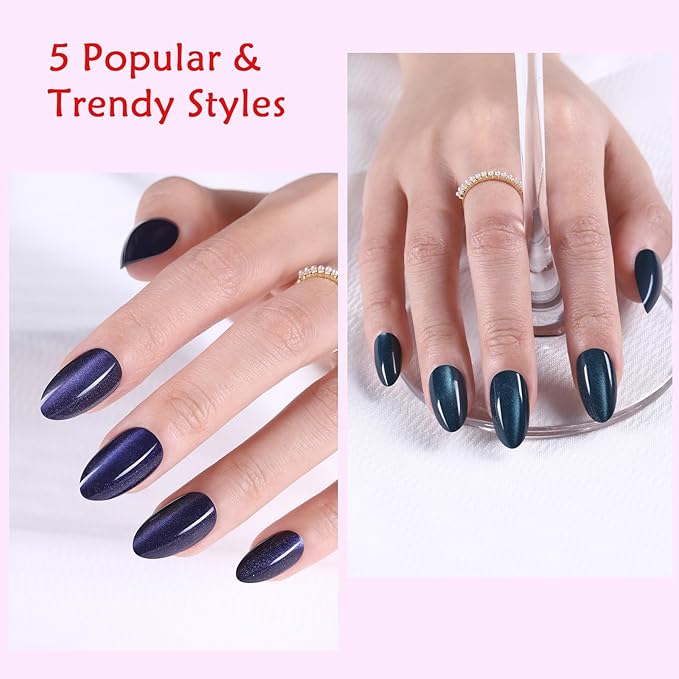 Cat Eye Press on Nails, Jsiallye 300pcs Colored Short Almond Press on Nails for Women, Soft Gel Fake Nails, Glossy Glitter Cat Eye Nail Tips Stick On Nails in 15 Sizes