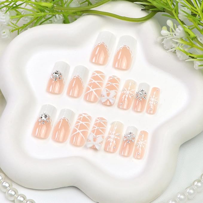 White French Tip Press on Nails Medium Square Fake Nails with 3D Bow Snowflake Charm Designs Gradient Nails Press ons Winter Acrylic Nails for Women 24Pcs