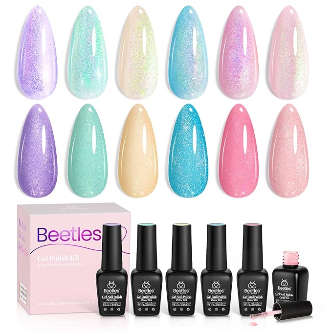 Beetles Glitter Gel Nail Polish Set, Pastel Pink Purple Blue 6 Colors Nebula Halo Chameleon Gel Polish Soak Off Uv Nail Lamp Gifts for Women
