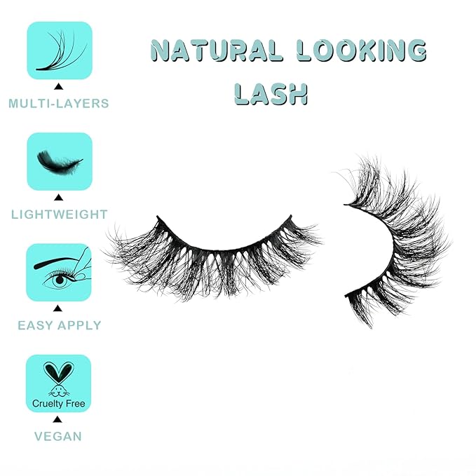 Mink False Eyelashes, 10 Pairs Fluffy Cat Eye Strips, Natural Looking Short Lashes with Soft Band, 3D Multi-Layered, Reusable, Cruelty Free (Flare Wispy, 9-15mm, Black)