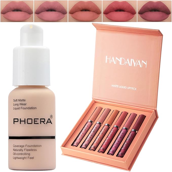 PHOERA Foundation,6Pcs Matte Liquid Lipstick Makeup Set, Matte liquid Long-Lasting Wear,PHOERA Makeup Foundation Full Coverage(101- Porcelain)