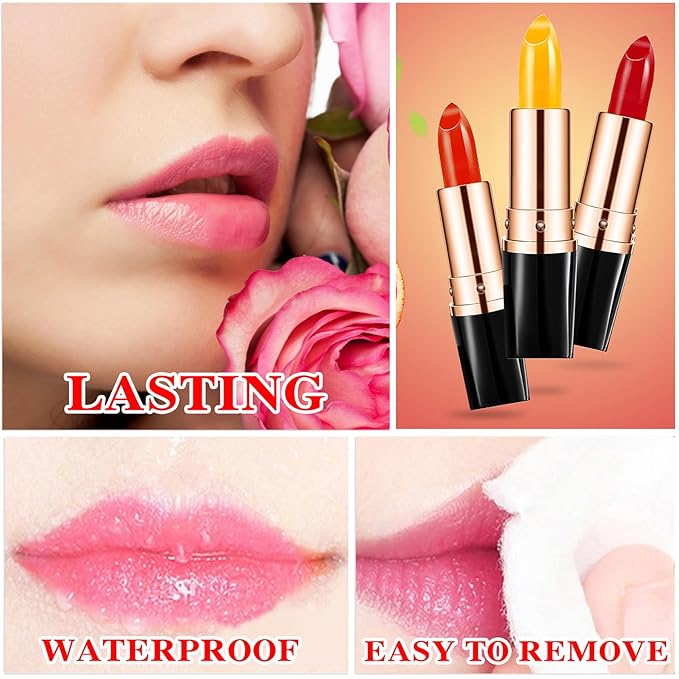3 Pcs Temperature Color Change Lipstick,Long Lasting Nourishing Moisturizing Lipgloss,Magic Temperature Color Changing Lipstick,Lip Gloss,Waterproof Matte Lip Balm Makeup AB001