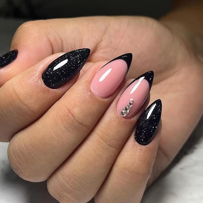 Black Press on Nails Medium Almond Shape Fake Nails with Glitter Design Glossy Stick on Nail Artificial Nail Nude Full Cover False Nail Rhinestone Glue on Nails for Women Girls Manicure 24Pcs