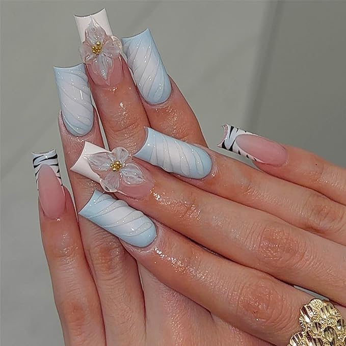 24Pcs Blue Flower Press on Nails Long Square French Tip Fake Nails with 3D Flower Rhinestones Designs Summer False Nails Cute Acrylic Stick on Nails Full Cover Glue on Nails for Women Manicure Kit