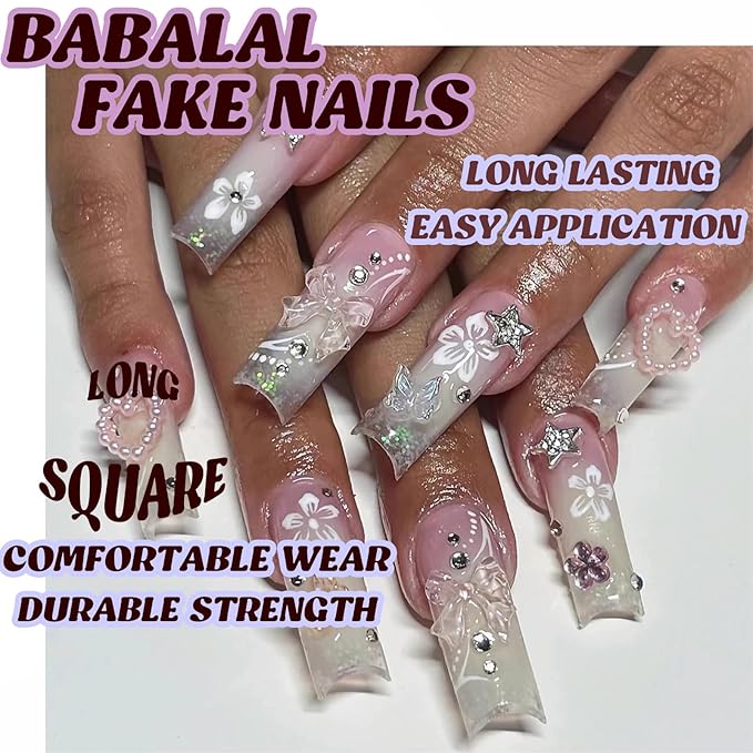 BABALAL Pink Press on Nails Long Square Fake Nails Glitter French Tip Glue on Nails 3d Bow Heart Rhinestone Star Charm Flower Shiny Luxury Acrylic Nails 24Pcs Squoval Flower Nails Press on