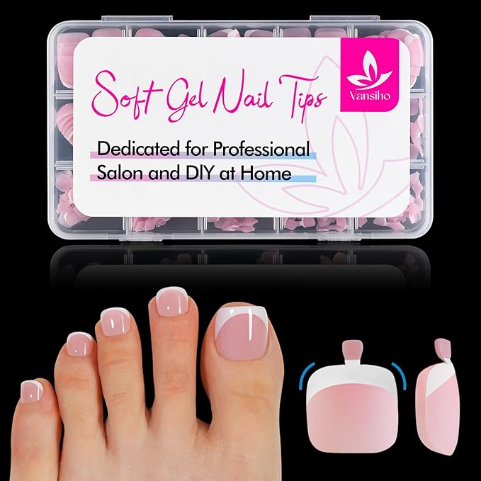 Vansiho 150 pcs Fake Toe Nail Tips Press on, French Tip Soft Gel Toenail Extension Pink White, Square Round Toenail Pre-applied Tip Primer & Base Coat, Soft Gel Fake Toe Nails for Home DIY 15 Sizes