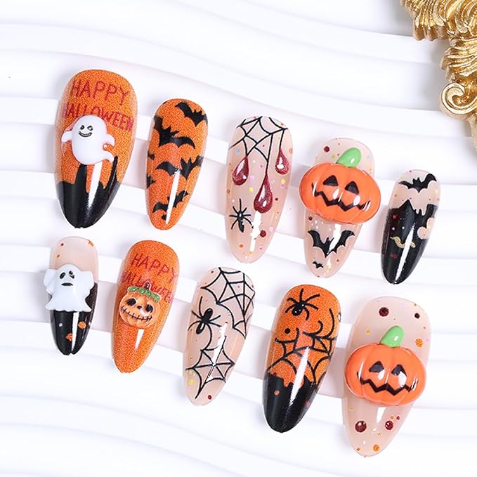 24Pcs Halloween Press on Nails Medium Almond French Tip Fake Nails 3D Cute Ghost Pumpkin Gems False Nails with Spider Web Bat Design Orange Stick on Nails Full Cover Artificial Glue on Nail for Women
