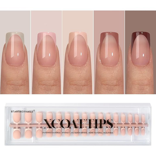 BTArtboxnails XCOATTIPS French Tip Press on Nails - Fall Fake Nail Short Square Nail Tips, Skin Tones Soft Gel Nails False Nail, Soak Off Acrylic Nails Extensions