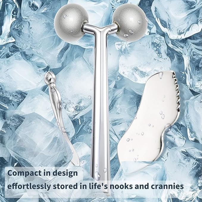 3-in-1 Stainless Steel Facial Massage Set, Face Roller, Gua Sha Tool, Eye Cream Applicator, Silver,Gifts for Women and Girl