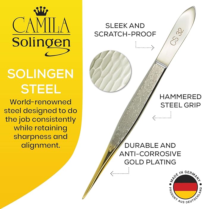 CS32 3 1/2" Gold Tipped, Surgical Grade, German Stainless Steel Tweezers (Pointed) - Flawless Eyebrow and Facial Hair Shaping and Removal for Men/Women