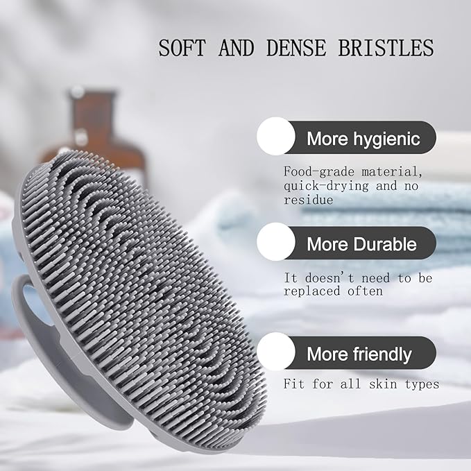 INNERNEED Food-Grade Soft Silicone Body Scrubber Shower Brush Handheld Cleansing Skin Brush, Gentle Exfoliating and Lather Well (Gray)