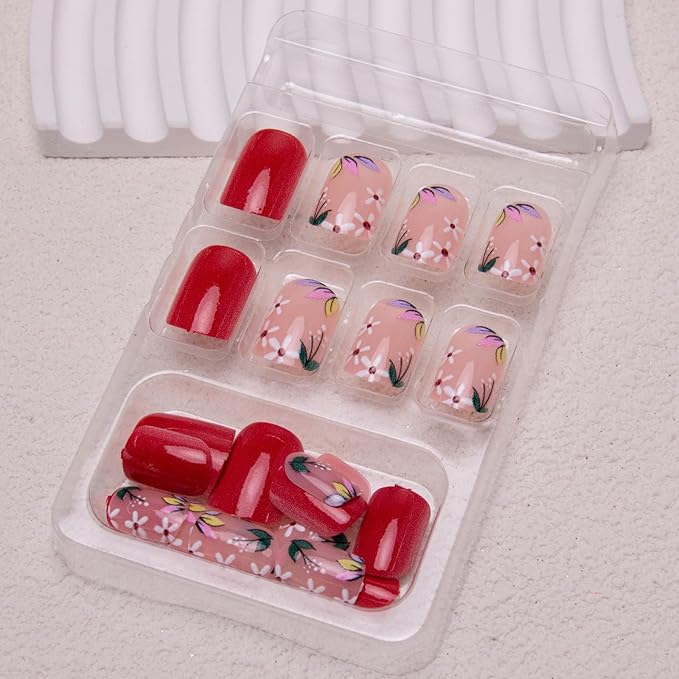 Flowers Press on Nails Short Square Fake Nails Red Spring Acrylic Nails Floral False Nails Glossy Glue on Nails Stick on Nails Cute Artificial Nails for Women Girls Manicure 24Pcs