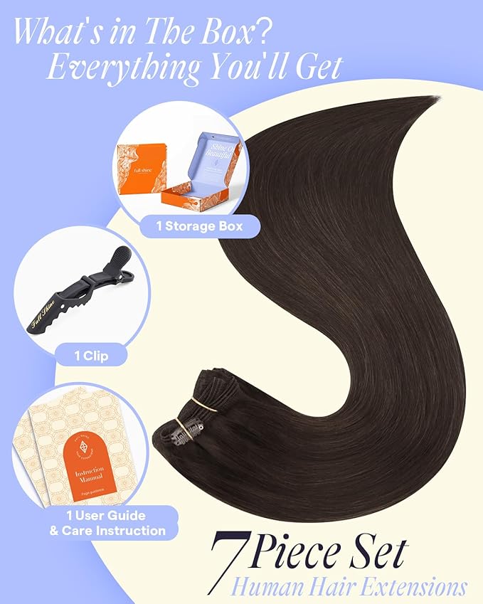 Full Shine Hair Extensions Clip ins Dark Brown Human Hair Clip in Extensions Extra Volume Thick Clip in Human Hair Extensions Brown Hair Clip ins 7 Pcs 16 Inch