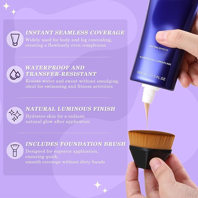 Waterproof Body Makeup, Beauty Body Foundation Cream with Brush, Full Coverage Body & Leg Makeup for Scars Imperfections, No Transfer, Natural Finish