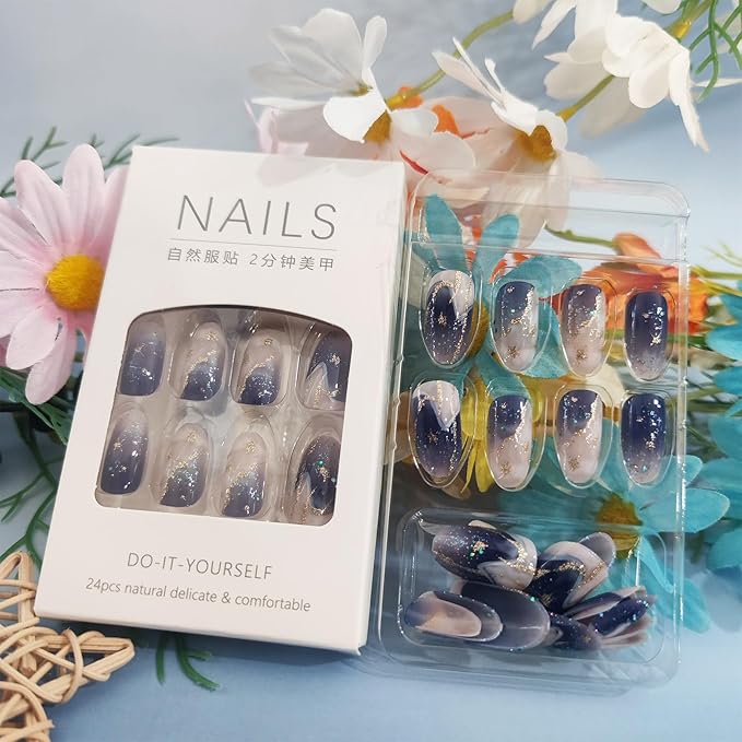 24Pcs Milky Way Press ons Fingernails Glossy Gold Glitter Medium Almond False Nail Stars Gel Glue on Acrylic Fake Nails Blue Gradient Stick on Nail Starry Sky Press on Nails for Holiday Manicure Art