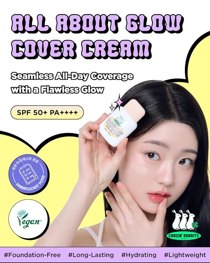 CHASIN' RABBITS All About Glow Cover Cream 1.23 Oz, Lightweight, Hydrating, Long-Lasting Radiance for a Flawless Glow, Smooth Skin Texture, Vegan, Korean Makeup