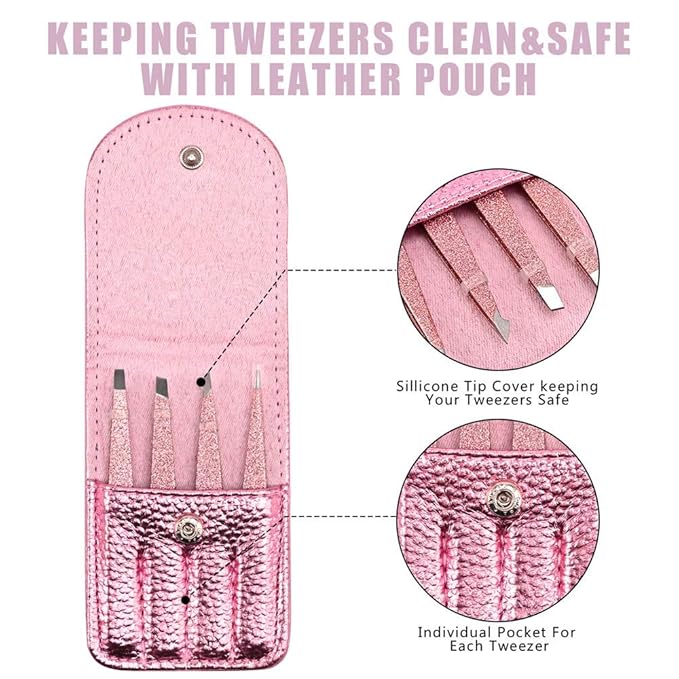 Eyebrow Tweezer Set, 4 Pcs Professional Stainless Steel Tweezers for Women, Precision Tweezer for Facial Hair, Splinter and Ingrown Hair Removal（Rose Gold）