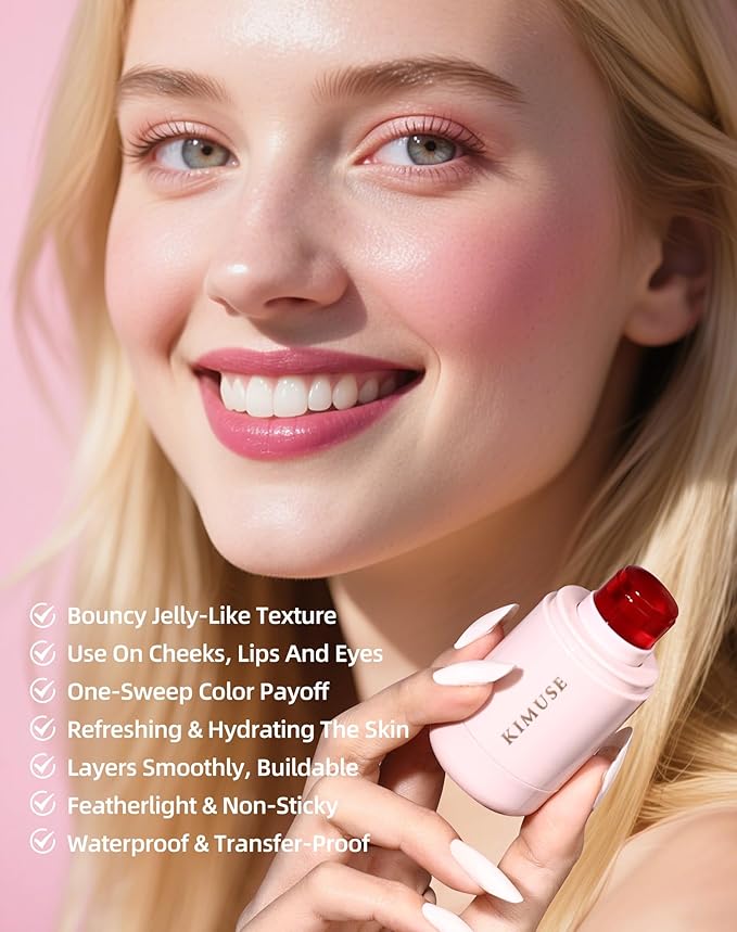KIMUSE Jelly Cheek & Lip Tint, Watercolor Blush, Multi-Use Makeup, Tint for Cheeks, Lips & Eyes, Lightweight, Sheer & Buildable Color, Vegan Formula, Cruelty-Free