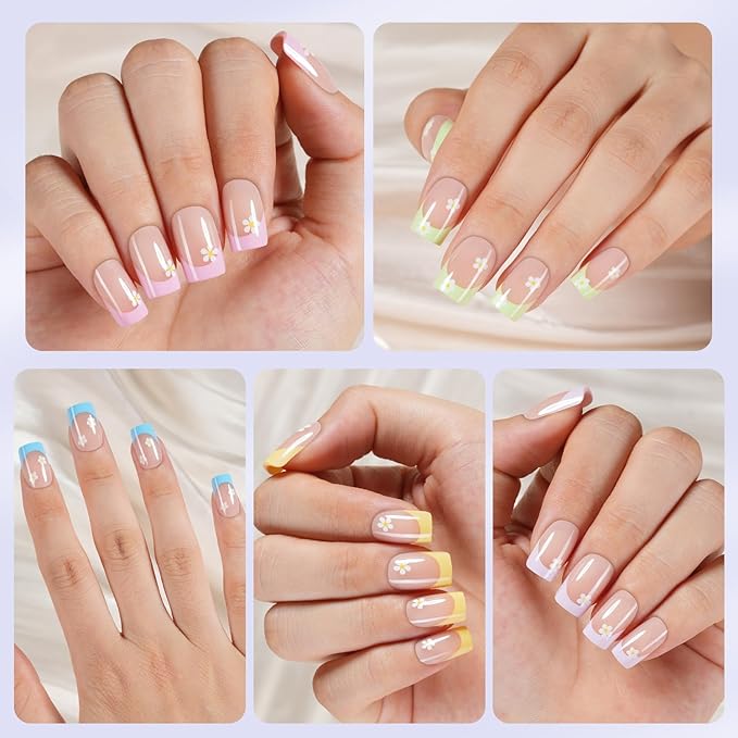 150Pcs Short Press On Nails, French Tip Press On Nails, Soft Gel Flower Stick On Nails Reusable Square Fake Nails for Women 15 Sizes, Daisy