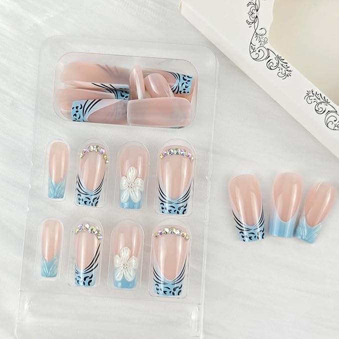 24Pcs Blue French Tip Press on Nails Medium Square Summer Flower Fake Nails 3D Floral with Rhinestones Full Cover Tips Glue on Nails Pink Nails Stick on Nails Cute False Nails for Women Acrylic Nails