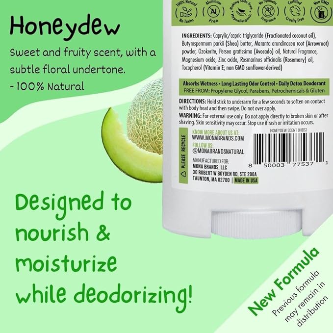 MONA 100% Natural Deodorant for Kids, Preteens & Teens | No Baking Soda, Synthetic Scents or Aluminum | Safe for Girls & Boys with Sensitive Skin | Hypoallergenic & Vegan (HONEYDEW 1.76 Oz)