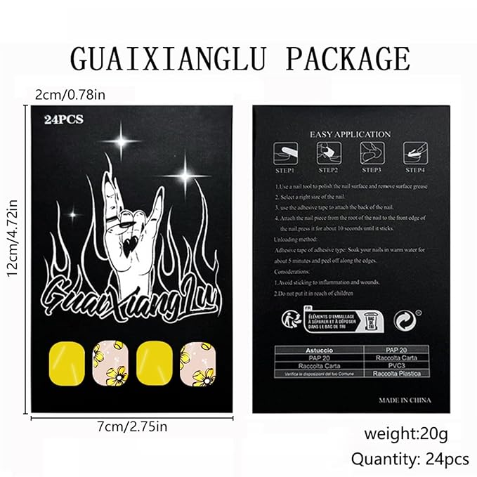 Flower Press on Nails Short Square Fake Nails Yellow False Nails Floral Glossy Full Cover Acrylic Nails Summer Glossy Glue on Nails Cute Shiny Artificial Stick on Nails for Women Manicure 24 Pcs