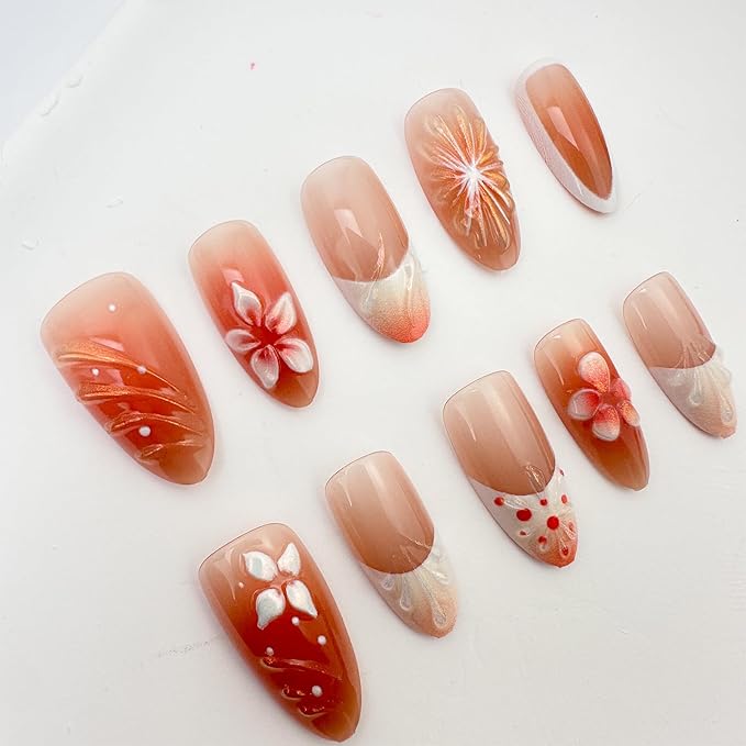 30Pcs Flower Press on Nails Medium Almond Fake Nails with 3D Ice Flower Shell Design Brown Ombre Spring Summer Floral False Nails White French Tip Acrylic Glossy Stick on Nails for Women