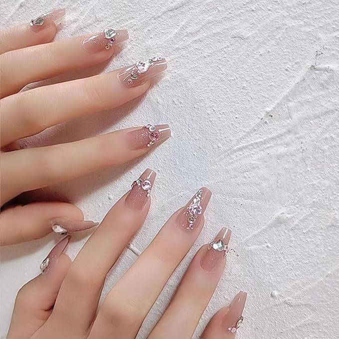 Medium Press on Nails Coffin Fake Nails with Rhinestones Glitter Designs Glue on Nails Light Pink Transparent Nails Press ons Medium Coffin False Nails Artificial Stick on Nails for Women 24Pcs