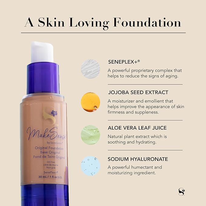 SeneGence MakeSense Original Foundation, Pecan, 1 Fl Oz, Long-Lasting Oil-Free Formula with Skin-Nourishing Ingredients, Water-Resistant