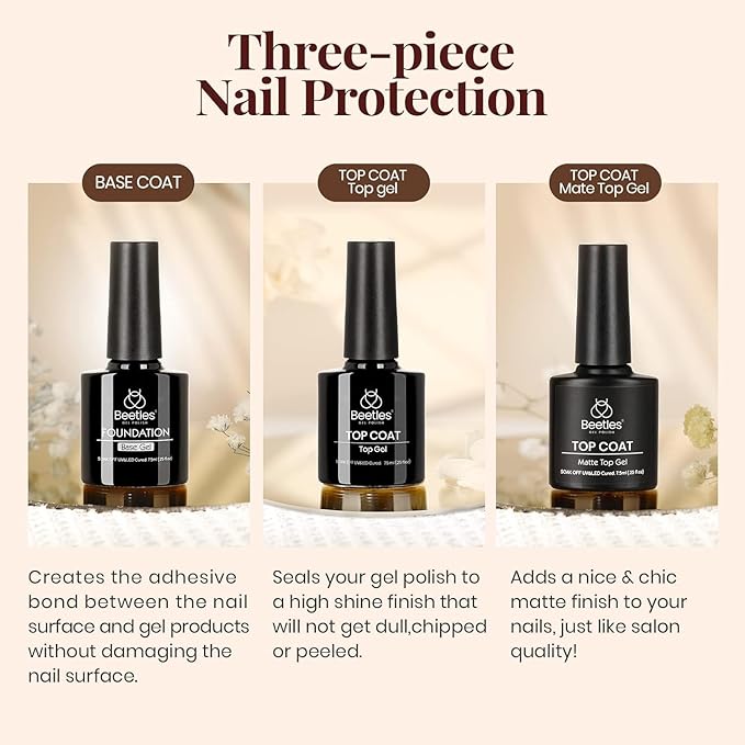 Beetles Matte Top Coat Gel Nail Polish Gel Top Coat & Base Set, 3Pcs Matte & Shiny Top Coat Nail Polish and Base Coat, No Wipe Long Lasting High Gloss and Matte Effects Soak off Uv DIY at Home