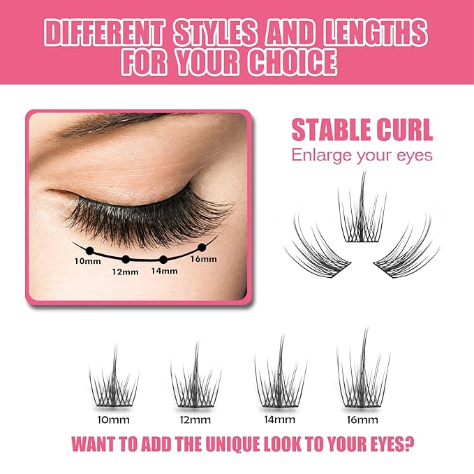 DIY Eyelash Extension, 3D Effect Individual Melt Flare Lash Cluster Natural Lashes Set, Home Eyelash Extension Lashes Pack (16MM-Spikes)