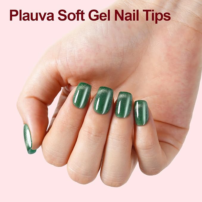 150Pcs Cat Eye French Press on Nails, Plauva Short Square Fake Nails, Glossy Glitter Cat Eye Nail Tips, Soft Gel Stick On Nails for Women and Girls 15 Sizes