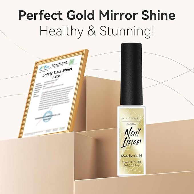 Makartt Metallic Gold Gel Liner Nail Polish: 3D Mirror Chrome Effect with Built in Thin Brush Soak Off UV/LED Gel for DIY Manicure Home and Salon Nail Art Designs 8ml