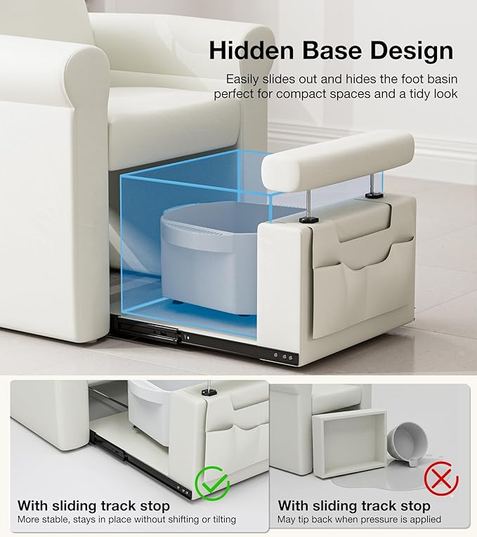 VARONXE Icoget Professional Pedicure Chair No Plumbing for Nail Tech, Reclining SPA Pedicure Station w/Adjustable Footrest & Headrest, Retractable Base Unite for Small Space, White