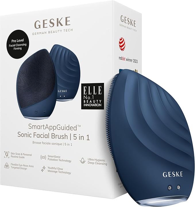 GESKE SmartAppGuided Sonic Facial Brush 5 in 1 | Vibrating Electric Cleansing Brush | Soft Silicone | Professional Cleanser | Skin Exfoliator | Face Massager