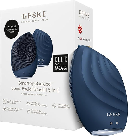 GESKE SmartAppGuided Sonic Facial Brush 5 in 1 | Vibrating Electric Cleansing Brush | Soft Silicone | Professional Cleanser | Skin Exfoliator | Face Massager