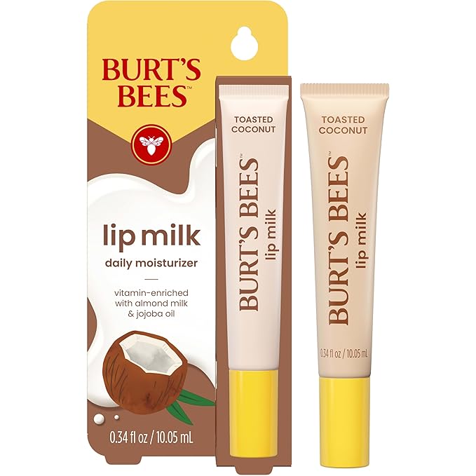 Burt’s Bees Stocking Stuffers, Lip Milk, Daily Lip Moisturizer, Toasted Coconut, Vitamin Enriched Moisturizing Lip Balm with Almond Milk and Jojoba Oil, Hydrating for Softer Lips, 1 Tube, 0.34 Fl Oz
