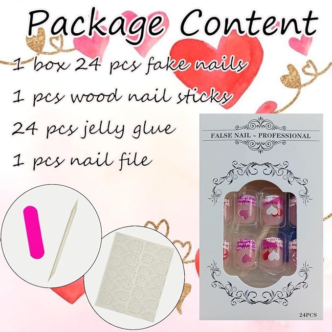 24Pcs Valentines Press on Nails Short Square Fake Nails French Tip Press ons with Sexy Lip Design Glossy Glue on Nails Love Heart False Nails Romantic Acrylic Artificial Nails for Women Manicure