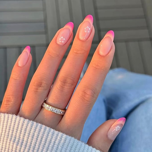 IMRAIN French Tip Press on Nails Almond Medium Fake Nails Pink Gradient Glossy Acrylic Nail Supplies White Flower Designs Glue on Nails Full Cover Oval False Nails for Women Girls 24Pcs