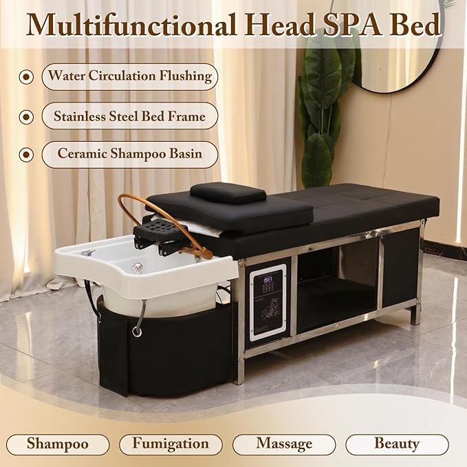 Stationary Head Spa Bed, Massage Shampoo Bed with Steaming & Water Circulation, Steel Headspa Equipment, Professional Massage Table for Beauty Salon Barber,Stainless Steel