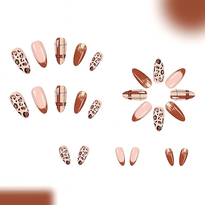 24Pcs Brown Leopard Print French Tip Press on Nails Medium Almond Fake Nails Gold Glitter Leopard Print Designs Cute Plaid False Nails Stick on Nails Fall Winter Maillard Color Glue on Nail for Women