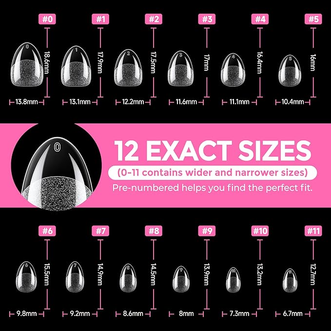 UNA GELLA Extra Short Almond Nail Tips Full Cover 216PCS Gel Nail Tips Short Almond Shaped Nails Tips Soft Gelly Gel Clear Fake Nails Tip for Acrylic Nail Tip Soak Off Home DIY Salon Nails 12 Sizes