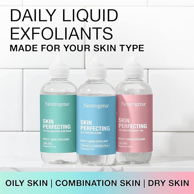 Neutrogena Skin Perfecting Daily Liquid Facial Exfoliant with 7% AHA/PHA Blend + HA to Smooth, Exfoliate & Replenish Dry Skin, Leave-On Face Exfoliator, Oil- & Fragrance-Free, 4 fl. oz