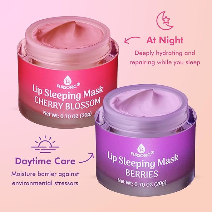 PURSONIC Lip Mask Overnight for Ultimate Lip Care - Hydrating Lip Moisturizer for Plump Lips Infused with Double Flavor Cherry Blossom and Berries - 2 Packs