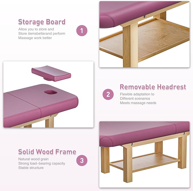 Massage Table 28IN Wide with Hight Adjustable Backrest for Treatment, Rose Red PU Leather Professional Spa Bed Load1500 LBS, Spa Table with Storage for Footmassage Facial CareSpa Tattoo