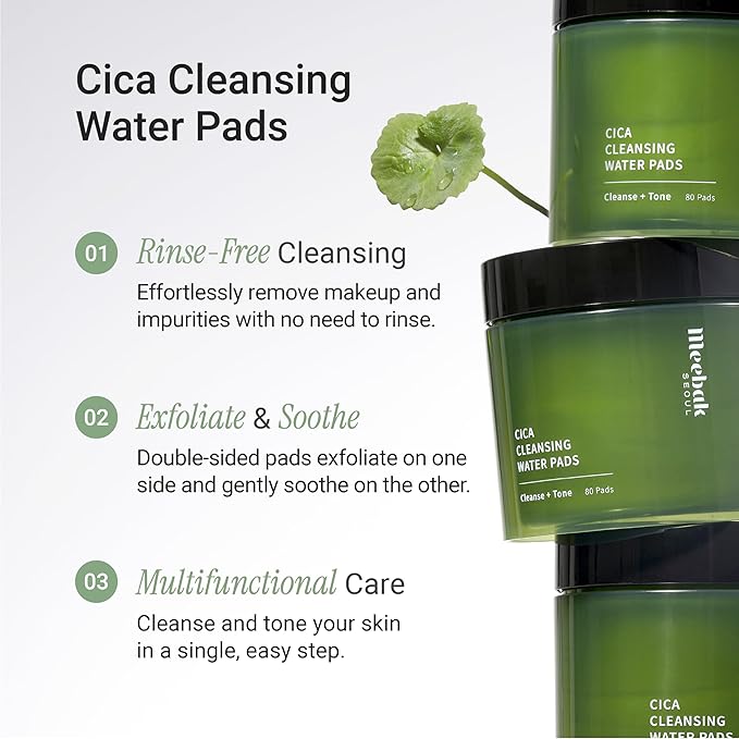 Meebak Cica Cleansing Water Pads | Korean Makeup Remover Wipes | Micellar Water Makeup Remover Wipes | Exfoliating Toner Pads for Glass Skin | Hydrating & Calming for Sensitive Skin - 80ct