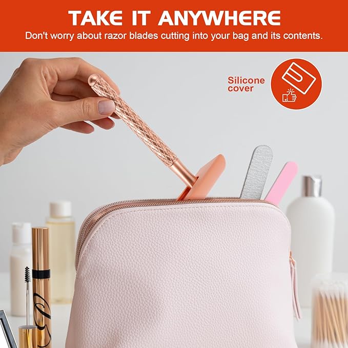 Double Edge Safety Razor for Women Rose Gold with Stand and Silicone Cover - Durable Metal Eco-Friendly Single Blade Safety Razor with 10 Blades- Closed Smooth Shave